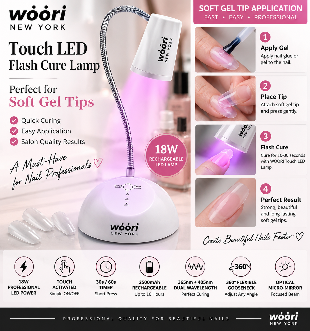 WOORI 18W Rechargeable Touch LED Flash Cure Lamp for soft gel tip application